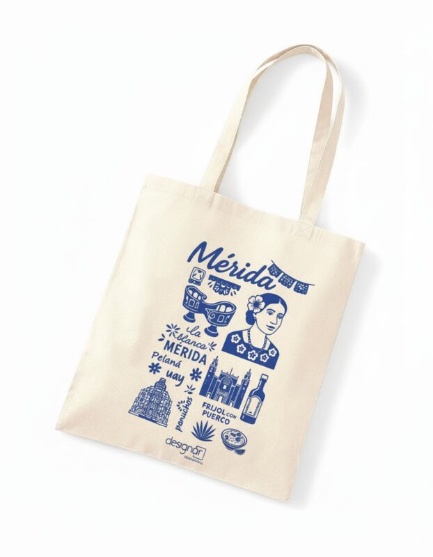 Bolsa de tela de algodón con ilustración de Mérida serigrafiada en azul